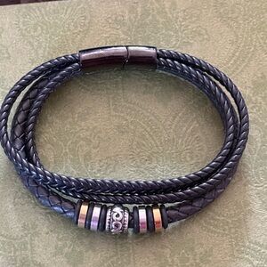 Black Braided Leather Bracelet with Silver Accents